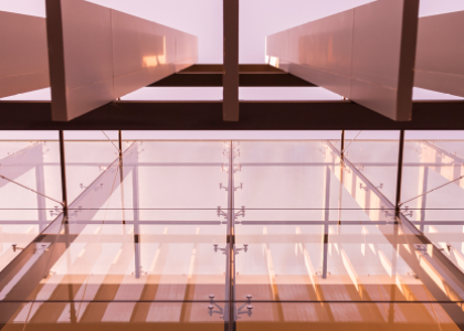 An abstract image of a b=modern building interior.