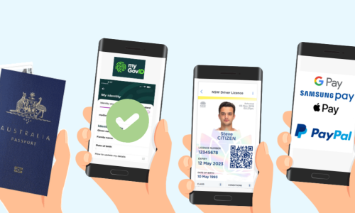 hand holding up a passport and driver licence, hand holding up a smart phone with mygovID app, hand holding smartphone with digital driver licence displayed, hand holding smartphone with google pay samsung pay apple pay and paypal